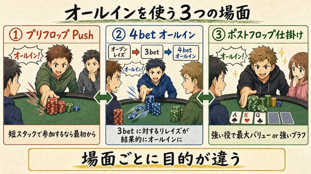 オールインを使う 3 つの場面: プリフロップ Push / 4bet オールイン / ポストフロップ仕掛け