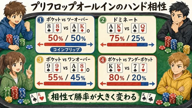 プリフロップオールインのハンド相性 (コインフリップ / ドミネート / ペア対ペア)