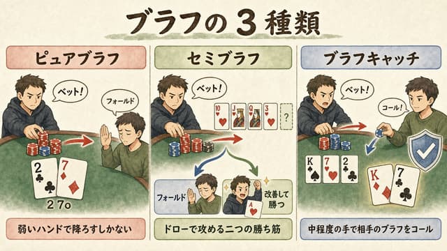 ブラフの 3 種類 (ピュアブラフ / セミブラフ / ブラフキャッチ) 比較解説図