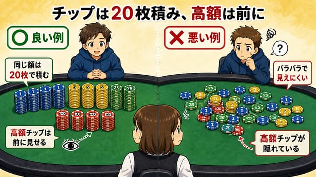 チップの正しい積み方: 20 枚ずつ・高額は前に置くマナー解説図