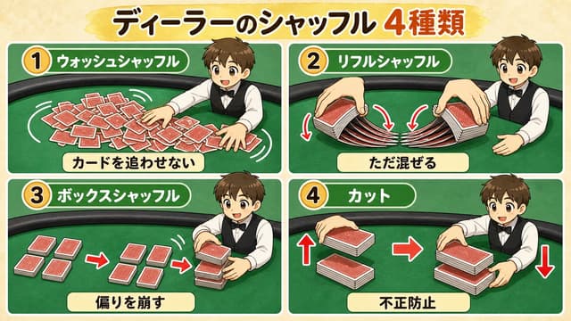 ディーラーが行う 4 種類のシャッフル (ウォッシュ・リフル・ボックス・カット) の一覧解説図