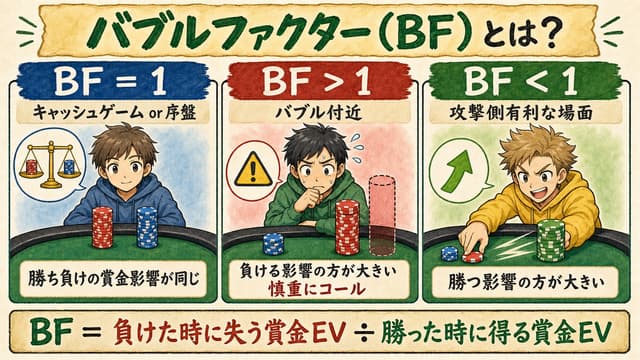 バブルファクターの概念: BF=1 (キャッシュ) / BF>1 (バブル) / BF<1 (攻撃有利) の対比