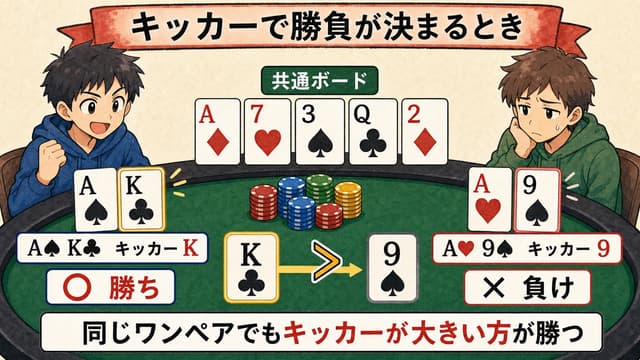 キッカーで勝負が決まる例: A-K vs A-9 の解説図