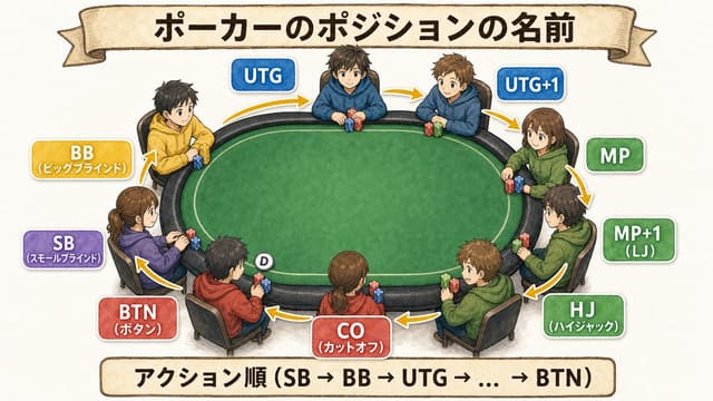 ポーカーの 9-max テーブル ポジションマップ (時計回りアクション順)