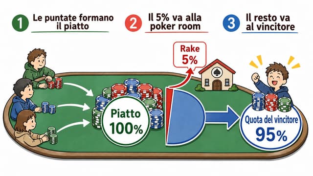 Come funziona il rake sul piatto: tre passaggi dal piatto al rake e alla quota del vincitore