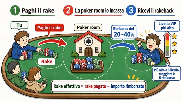 Come funziona il rakeback: una parte del rake viene restituita al giocatore in base al livello VIP