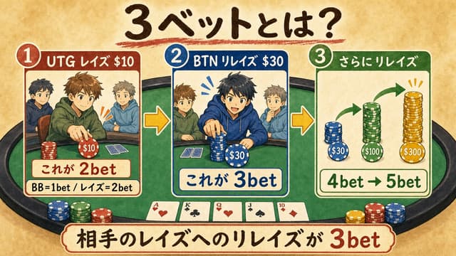 3ベットの定義: BB=1bet, レイズ=2bet, リレイズ=3bet の数え方解説図