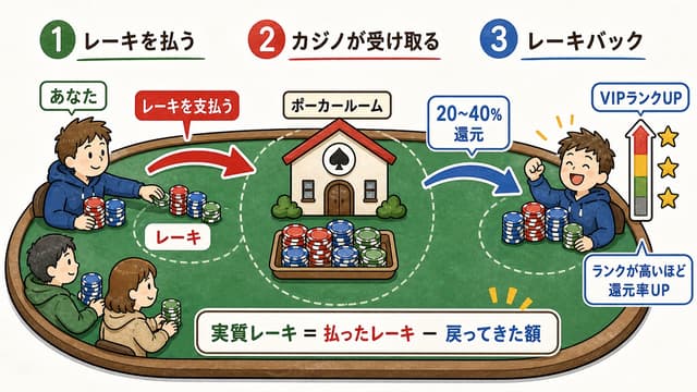 レーキバックの仕組み解説図: 3 ステップでレーキの一部が VIP ランクに応じてプレイヤーに還元される