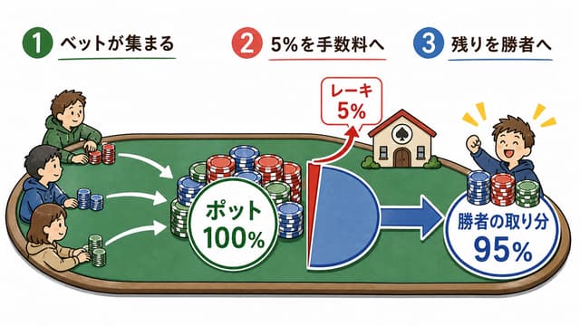 ポットレーキの仕組み解説図: 3 ステップでポットからレーキが徴収され残りが勝者へ
